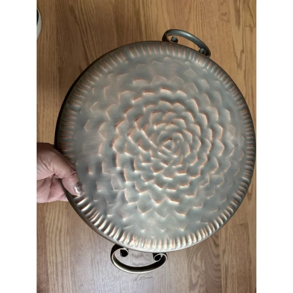 Vintage Gregorian Copper Hammered Rose Tray Scroll Handles Mid Century USA